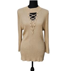 Nygard Gold Shimmer Open Neck Lace Up Sweater 87% Rayon 13% Metallic Sz XL